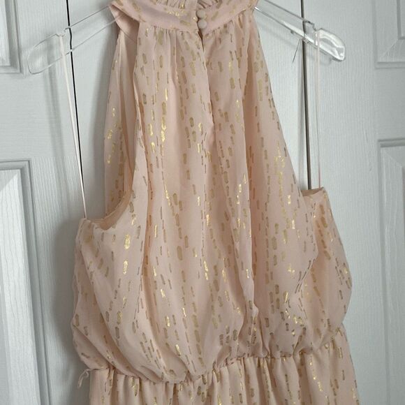 Aqua Halter Belted Mini Dress Ruffle Neck Sleeveless Lined Peach-Pink‎ Gold XL - Picture 7 of 9